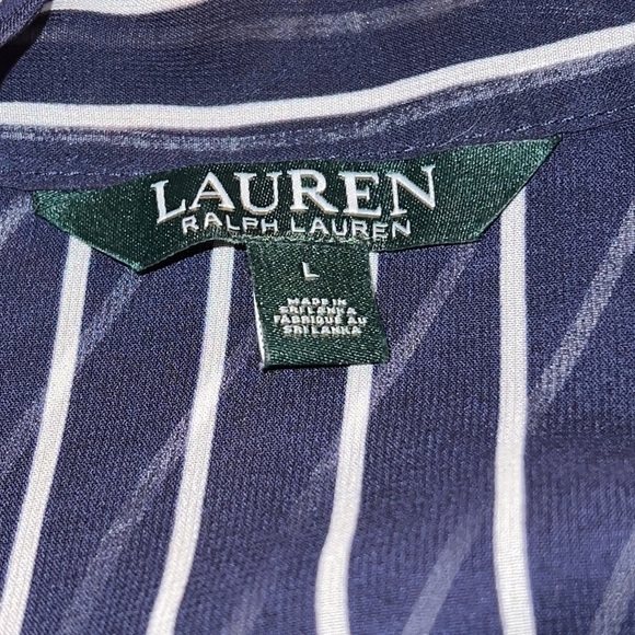 LAUREN Ralph Lauren Sz L blue white striped long sleeves front ties blouse 12 - Picture 6 of 7
